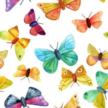 Seamless background texture with many watercolor butterflies