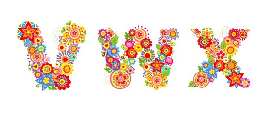 Floral alphabet with letter V, W, X