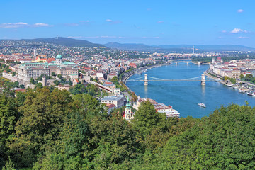 View of Budapest from Gellert Hill, Hungary. The image shows Buda Castle, Danube with Szechenyi Bridge and Margaret Bridge, Hungarian Parliament Building.
