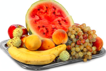 Still life grapes, apricots, watermelon chestnut