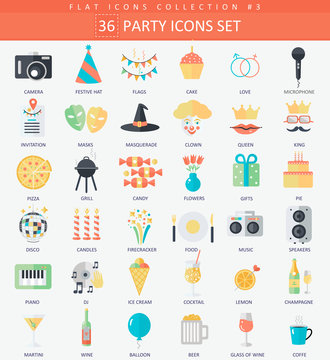 Vector Party Flat icon set. Elegant style design