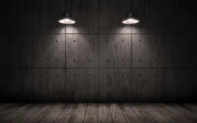 Fotobehang industriële grungeachtergrond met verlichtingsplafondlichten, donkere ruimte met muren van betonplaten en houten vloer © valerybrozhinsky