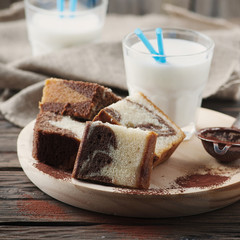 Sweet homemade marble cake with milk