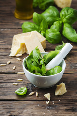 Italian traditional pesto on the wooden table