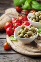 Spanish olives on the wooden table