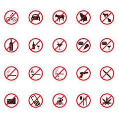 Prohibition icons for animals, cigarettes, alcohol, drugs.