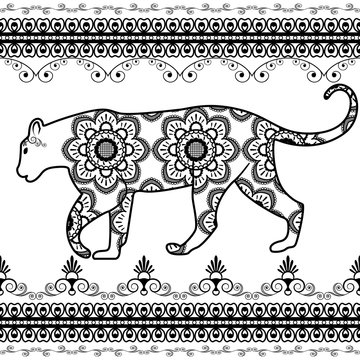 Tiger with border elements in ethnic mehndi style. Vector illustration isolated on white background
