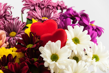 Valentine bouquet of chrysanthemums with hearts
