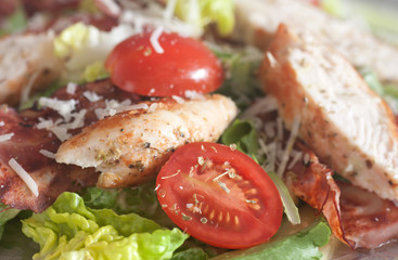 Closeup of chicken salad with tomatoes