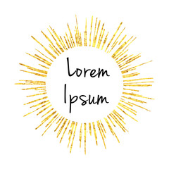 Golden round frame element with gold sparkling rays forms circle with place for text, logo or design. White background. EPS10