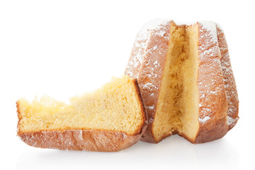 Pandoro, Christmas cake and portion with icing sugar on white, clipping path