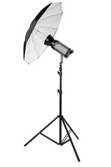 Studio flash with umbrella and stand on white, clipping path