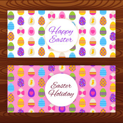Happy Easter web banners on wooden texture