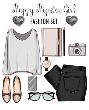 Fashion set of woman's clothes, accessories, and shoes - fashion clip art