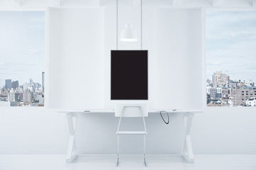 White style interior with desk and blank black picture frame, mo