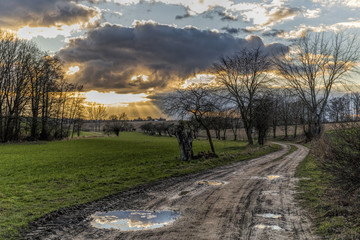 a muddy road in the sunset