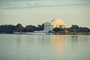 Jefferson Memorial and reflection on the Tidal Basin at sunset in Washington DC, United States of America, vintage filtered style
