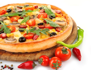 Delicious pizza with vegetables, close-up