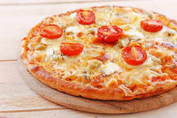 Delicious tasty pizza, closeup