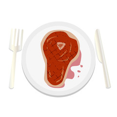 Steak on a white plate with fork and knife