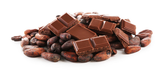 Pile of cocoa beans and chocolate isolated on white background