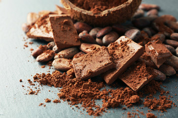 Bowl with aromatic cocoa beans and chocolate on grey background, close up