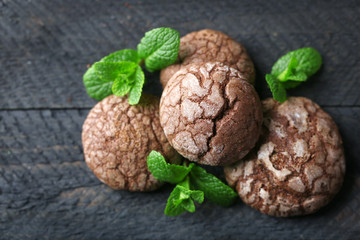 Chocolate chip cookie with mint, closeup