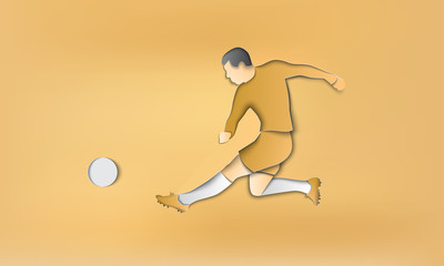 Fototapeta na wymiar Soccer player kicks the ball. Vector paper cut illustration with realistic shadows on old paper background.