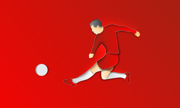 Soccer player kicks the ball. Vector paper cut illustration with realistic shadows on a red background.