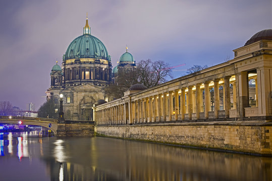 Berlin Cathedral (Berliner Dom) and Museum Island (Museumsinsel) reflected in Spree River at evening, Berlin, Germany, Europe
