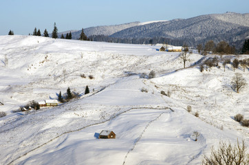 Carpathian mountain valley covered with fresh snow. Majestic lan
