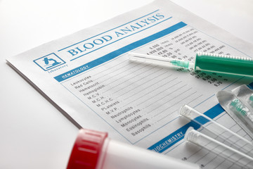 Blood test report with vials urine container and syringe