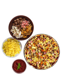 raw pizza with prawns and mussels isolated with ingredients for