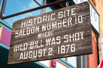 Sign marking the location where Wild Bill Hickok was shot in Deadwood, South Dakota - obrazy, fototapety, plakaty