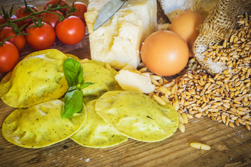 Dumplings , ravioli with cheese, basil and pine nuts, pesto. Pasta with integral flour.
