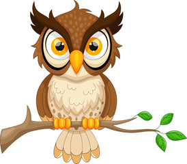 Naklejka premium Cartoon owl sitting on tree branch