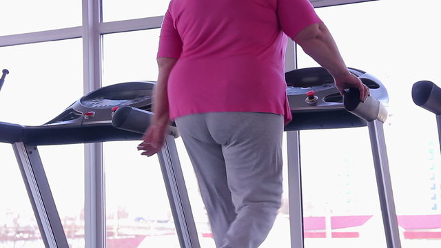 Woman with fat bottom walking on treadmill, active weight loss workout in gym