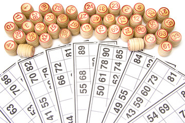 Wooden kegs and cards  for lotto or bingo game 