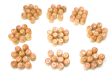 Wooden kegs and cards  for lotto or bingo game 