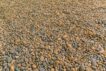 Sea stones background - rounded stones on beach
