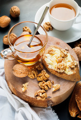 Useful Breakfast Toast Honey Walnuts Healthy Food
