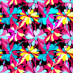 colorful abstract flowers on a black background seamless pattern