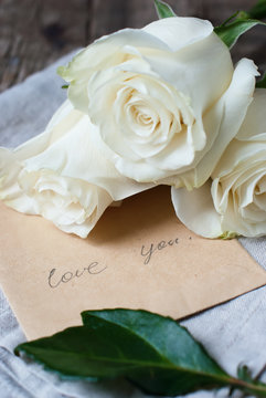 Bouquet of White Roses to Valentine's Day and Letter