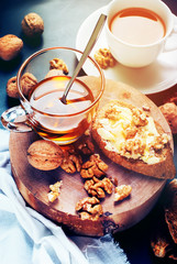 Sandwich Butter Walnuts Honey Chopping Board Toned Image