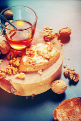 Sandwich with Butter Walnuts Honey Chopping Board