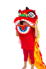 Asian Little Girl in Chinese Lion Custome Dance During Chinese N