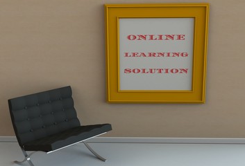 ONLINE LEARNING SOLUTION, message on picture frame, chair in an empty room