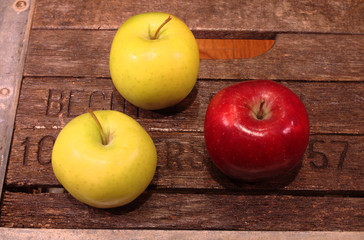 Three golden and red apples on a vintage wooden and metallic case view from above