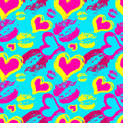 lips and hearts on a blue background Seamless vector pattern