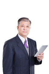 pose and gesture of old Asian businessman in black suit